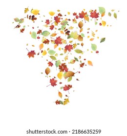Leaves Falling. Autumn Flying Foliage. Chaotic Green, Yellow, Red Leaf Flying On White Background. Forest Design, Nature Elements. Ecology Vector Illustration. Environment Backdrop.