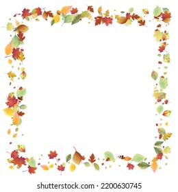 Leaves Falling. Autumn Flying Foliage. Chaotic Green, Yellow, Red Leaf Flying On White Background. Forest Design, Nature Elements. Ecology Vector Illustration. Environment Backdrop.