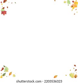 Leaves Falling. Autumn Flying Foliage. Chaotic Green, Yellow, Red Leaf Flying On White Background. Forest Design, Nature Elements. Ecology Vector Illustration. Environment Backdrop.