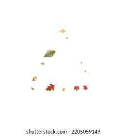 Leaves Falling. Autumn Flying Foliage. Chaotic Green, Yellow, Red Leaf Flying On White Background. Forest Design, Nature Elements. Ecology Vector Illustration. Environment Backdrop.