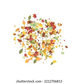 Leaves Falling. Autumn Flying Foliage. Chaotic Green, Yellow, Red Leaf Flying On White Background. Forest Design, Nature Elements. Ecology Vector Illustration. Environment Backdrop.