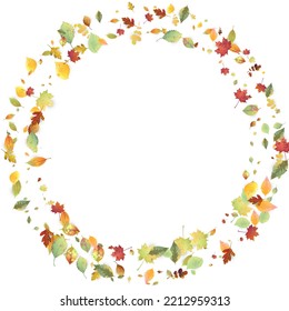 Leaves Falling. Autumn Flying Foliage. Chaotic Green, Yellow, Red Leaf Flying On White Background. Forest Design, Nature Elements. Ecology Vector Illustration. Environment Backdrop.