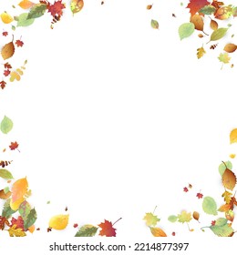 Leaves Falling. Autumn Flying Foliage. Chaotic Green, Yellow, Red Leaf Flying On White Background. Forest Design, Nature Elements. Ecology Vector Illustration. Environment Backdrop.