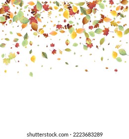 Leaves Falling. Autumn Flying Foliage. Chaotic Green, Yellow, Red Leaf Flying On White Background. Forest Design, Nature Elements. Ecology Vector Illustration. Environment Backdrop.
