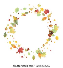 Leaves Falling. Autumn Flying Foliage. Chaotic Green, Yellow, Red Leaf Flying On White Background. Forest Design, Nature Elements. Ecology Vector Illustration. Environment Backdrop.
