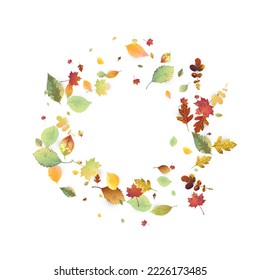 Leaves Falling. Autumn Flying Foliage. Chaotic Green, Yellow, Red Leaf Flying On White Background. Forest Design, Nature Elements. Ecology Vector Illustration. Environment Backdrop.