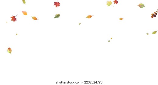 Leaves Falling. Autumn Flying Foliage. Chaotic Green, Yellow, Red Leaf Flying On White Background. Forest Design, Nature Elements. Ecology Vector Illustration. Environment Backdrop.