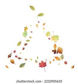 Leaves Falling. Autumn Flying Foliage. Chaotic Green, Yellow, Red Leaf Flying On White Background. Forest Design, Nature Elements. Ecology Vector Illustration. Environment Backdrop.