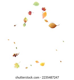 Leaves Falling. Autumn Flying Foliage. Chaotic Green, Yellow, Red Leaf Flying On White Background. Forest Design, Nature Elements. Ecology Vector Illustration. Environment Backdrop.