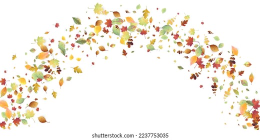 Leaves Falling. Autumn Flying Foliage. Chaotic Green, Yellow, Red Leaf Flying On White Background. Forest Design, Nature Elements. Ecology Vector Illustration. Environment Backdrop.