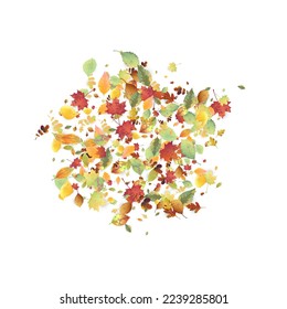 Leaves Falling. Autumn Flying Foliage. Chaotic Green, Yellow, Red Leaf Flying On White Background. Forest Design, Nature Elements. Ecology Vector Illustration. Environment Backdrop.