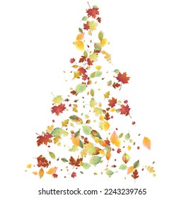 Leaves Falling. Autumn Flying Foliage. Chaotic Green, Yellow, Red Leaf Flying On White Background. Forest Design, Nature Elements. Ecology Vector Illustration. Environment Backdrop.