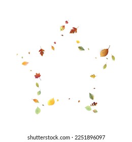 Leaves Falling. Autumn Flying Foliage. Chaotic Green, Yellow, Red Leaf Flying On White Background. Forest Design, Nature Elements. Ecology Vector Illustration. Environment Backdrop.