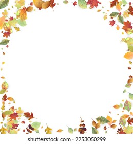 Leaves Falling. Autumn Flying Foliage. Chaotic Green, Yellow, Red Leaf Flying On White Background. Forest Design, Nature Elements. Ecology Vector Illustration. Environment Backdrop.