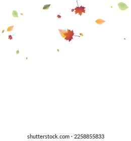 Leaves Falling. Autumn Flying Foliage. Chaotic Green, Yellow, Red Leaf Flying On White Background. Forest Design, Nature Elements. Ecology Vector Illustration. Environment Backdrop.