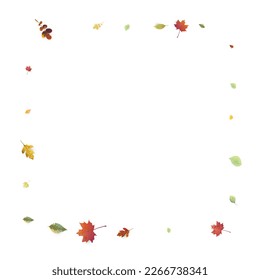 Leaves Falling. Autumn Flying Foliage. Chaotic Green, Yellow, Red Leaf Flying On White Background. Forest Design, Nature Elements. Ecology Vector Illustration. Environment Backdrop.