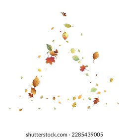 Leaves Falling. Autumn Flying Foliage. Chaotic Green, Yellow, Red Leaf Flying On White Background. Forest Design, Nature Elements. Ecology Vector Illustration. Environment Backdrop.