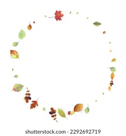Leaves Falling. Autumn Flying Foliage. Chaotic Green, Yellow, Red Leaf Flying On White Background. Forest Design, Nature Elements. Ecology Vector Illustration. Environment Backdrop.