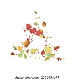 Leaves Falling. Autumn Flying Foliage. Chaotic Green, Yellow, Red Leaf Flying On White Background. Forest Design, Nature Elements. Ecology Vector Illustration. Environment Backdrop.