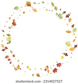 Leaves Falling. Autumn Flying Foliage. Chaotic Green, Yellow, Red Leaf Flying On White Background. Forest Design, Nature Elements. Ecology Vector Illustration. Environment Backdrop.