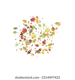 Leaves Falling. Autumn Flying Foliage. Chaotic Green, Yellow, Red Leaf Flying On White Background. Forest Design, Nature Elements. Ecology Vector Illustration. Environment Backdrop.