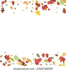 Leaves Falling. Autumn Flying Foliage. Chaotic Green, Yellow, Red Leaf Flying On White Background. Forest Design, Nature Elements. Ecology Vector Illustration. Environment Backdrop.