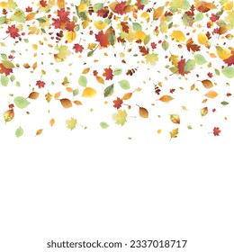 Leaves Falling. Autumn Flying Foliage. Chaotic Green, Yellow, Red Leaf Flying On White Background. Forest Design, Nature Elements. Ecology Vector Illustration. Environment Backdrop.