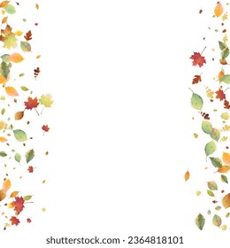 Leaves Falling. Autumn Flying Foliage. Chaotic Green, Yellow, Red Leaf Flying On White Background. Forest Design, Nature Elements. Ecology Vector Illustration. Environment Backdrop.