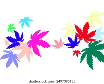 Leaves Falling. Autumn Flying Foliage. Chaotic Green, Yellow, Red Leaf Flying On White Background.  Leaves dancing in the autumn wind