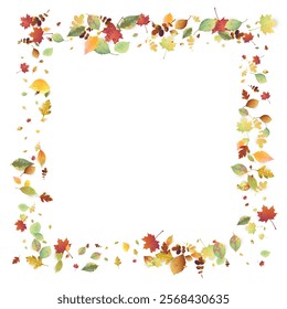 Leaves Falling. Autumn Flying Foliage. Chaotic Green, Yellow, Red Leaf Flying On White Background. Forest Design, Nature Elements. Ecology Vector Illustration. Environment Backdrop.