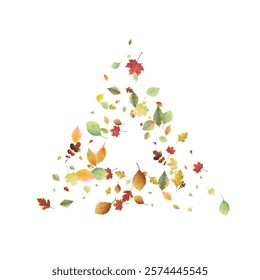 Leaves Falling. Autumn Flying Foliage. Chaotic Green, Yellow, Red Leaf Flying On White Background. Forest Design, Nature Elements. Ecology Vector Illustration. Environment Backdrop.