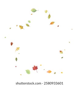 Leaves Falling. Autumn Flying Foliage. Chaotic Green, Yellow, Red Leaf Flying On White Background. Forest Design, Nature Elements. Ecology Vector Illustration. Environment Backdrop.