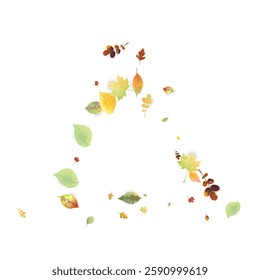 Leaves Falling. Autumn Flying Foliage. Chaotic Green, Yellow, Red Leaf Flying On White Background. Forest Design, Nature Elements. Ecology Vector Illustration. Environment Backdrop.