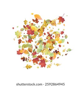 Leaves Falling. Autumn Flying Foliage. Chaotic Green, Yellow, Red Leaf Flying On White Background. Forest Design, Nature Elements. Ecology Vector Illustration. Environment Backdrop.