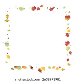 Leaves Falling. Autumn Flying Foliage. Chaotic Green, Yellow, Red Leaf Flying On White Background. Forest Design, Nature Elements. Ecology Vector Illustration. Environment Backdrop.