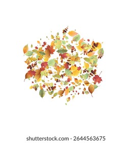 Leaves Falling. Autumn Flying Foliage. Chaotic Green, Yellow, Red Leaf Flying On White Background. Forest Design, Nature Elements. Ecology Vector Illustration. Environment Backdrop.
