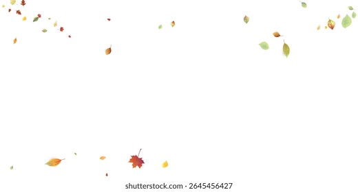 Leaves Falling. Autumn Flying Foliage. Chaotic Green, Yellow, Red Leaf Flying On White Background. Forest Design, Nature Elements. Ecology Vector Illustration. Environment Backdrop.