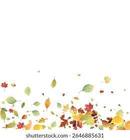 Leaves Falling. Autumn Flying Foliage. Chaotic Green, Yellow, Red Leaf Flying On White Background. Forest Design, Nature Elements. Ecology Vector Illustration. Environment Backdrop.