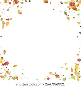 Leaves Falling. Autumn Flying Foliage. Chaotic Green, Yellow, Red Leaf Flying On White Background. Forest Design, Nature Elements. Ecology Vector Illustration. Environment Backdrop.