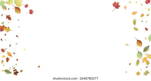 Leaves Falling. Autumn Flying Foliage. Chaotic Green, Yellow, Red Leaf Flying On White Background. Forest Design, Nature Elements. Ecology Vector Illustration. Environment Backdrop.