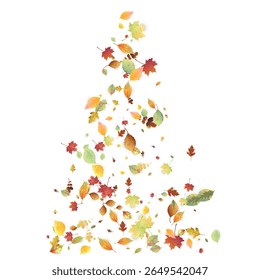 Leaves Falling. Autumn Flying Foliage. Chaotic Green, Yellow, Red Leaf Flying On White Background. Forest Design, Nature Elements. Ecology Vector Illustration. Environment Backdrop.