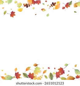 Leaves Falling. Autumn Flying Foliage. Chaotic Green, Yellow, Red Leaf Flying On White Background. Forest Design, Nature Elements. Ecology Vector Illustration. Environment Backdrop.