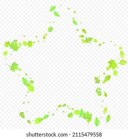 Leaves Falling. Spring Flying Foliage. Chaotic Green Leaf Flying On Transparent Background. Forest Design, Nature Elements. Ecology Vector Illustration. Environment Backdrop.