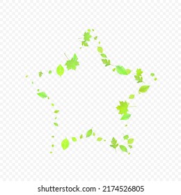 Leaves Falling. Spring Flying Foliage. Chaotic Green Leaf Flying On Transparent Background. Forest Design, Nature Elements. Ecology Vector Illustration. Environment Backdrop.