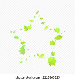 Leaves Falling. Spring Flying Foliage. Chaotic Green Leaf Flying On Transparent Background. Forest Design, Nature Elements. Ecology Vector Illustration. Environment Backdrop.