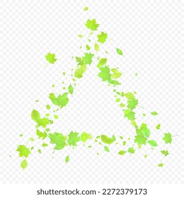 Leaves Falling. Spring Flying Foliage. Chaotic Green Leaf Flying On Transparent Background. Forest Design, Nature Elements. Ecology Vector Illustration. Environment Backdrop.