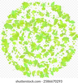 Leaves Falling. Spring Flying Foliage. Chaotic Green Leaf Flying On Transparent Background. Forest Design, Nature Elements. Ecology Vector Illustration. Environment Backdrop.