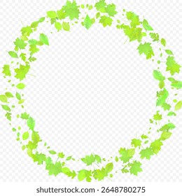 Leaves Falling. Spring Flying Foliage. Chaotic Green Leaf Flying On Transparent Background. Forest Design, Nature Elements. Ecology Vector Illustration. Environment Backdrop.