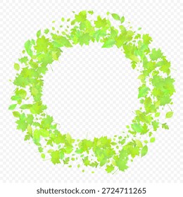 Leaves Falling. Spring Flying Foliage. Chaotic Green Leaf Flying On Transparent Background. Forest Design, Nature Elements. Ecology Vector Illustration. Environment Backdrop.
