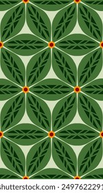 Leaves and Feathers (Green, Orange, Red) - Repeating Seamless Pattern Vector Image - Endless Design; Colorful lIlustration - Print for Gift Paper, Packaging, etc.
